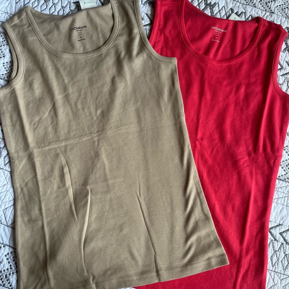 2 tank tops Liz Claiborne Sleeveless cotton Tank Size XXS Colors Fusia and Khaki